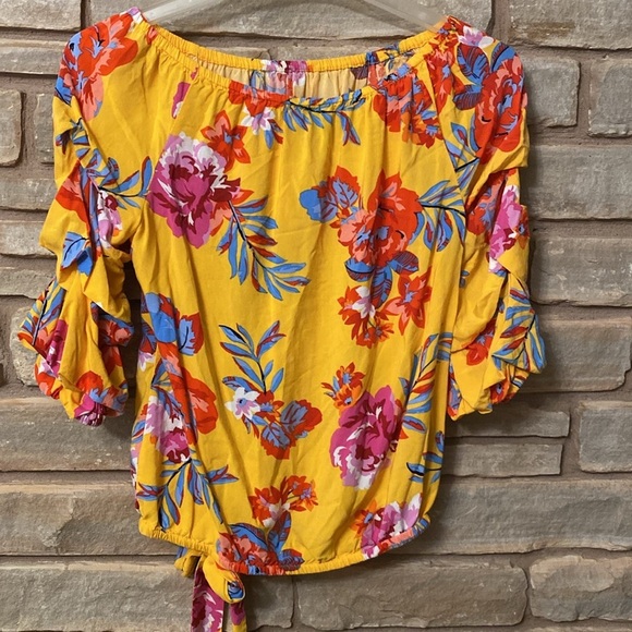 Cece Yellow Multi Gathered Tie Waist Floral 3/4 Sleeve Off Shoulder Top Sz M - Picture 6 of 7